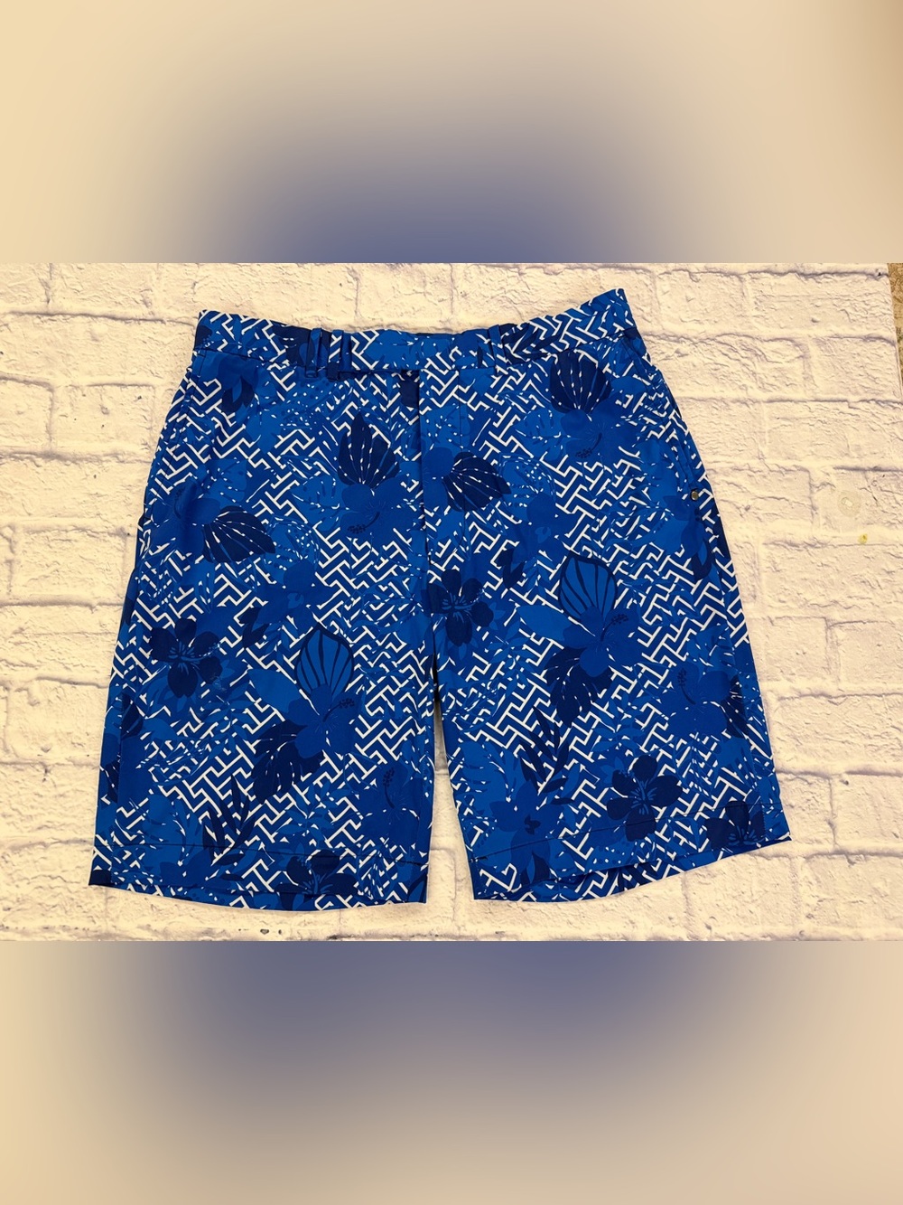 Ralph Lauren Mens sz 34 Blue/White Floral Geometric Print Golf Shorts 4 pocket